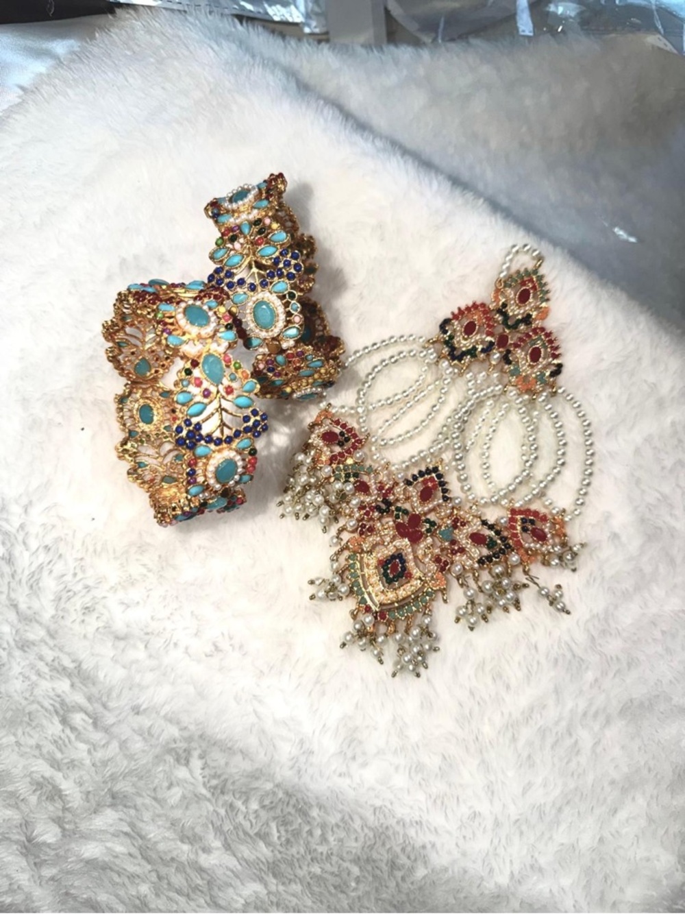 Gold-tone Kundan Cuff Bracelet & Pearl Dangle Earrings - Turquoise & Red Accents